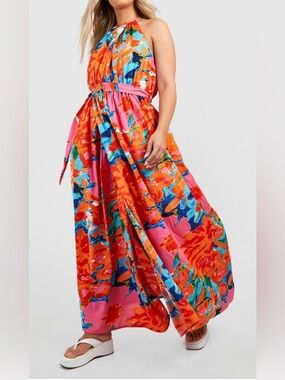 boohoo pink and orange dress boohoo Women's Floral Crinkle Chiffon Ruffle Maxi Dress